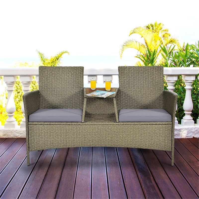 Costway Rattan Patio Conversation Set with Loveseat & Coffee Table in Gray
