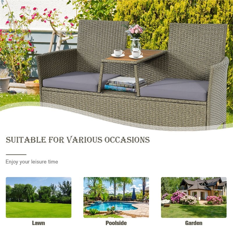 Costway Rattan Patio Conversation Set with Loveseat & Coffee Table in Gray