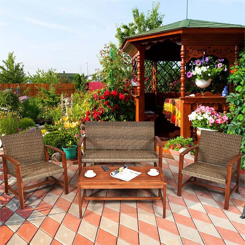 Costway 4-piece Rattan Patio Furniture Set with Wide Backrest in Coffee