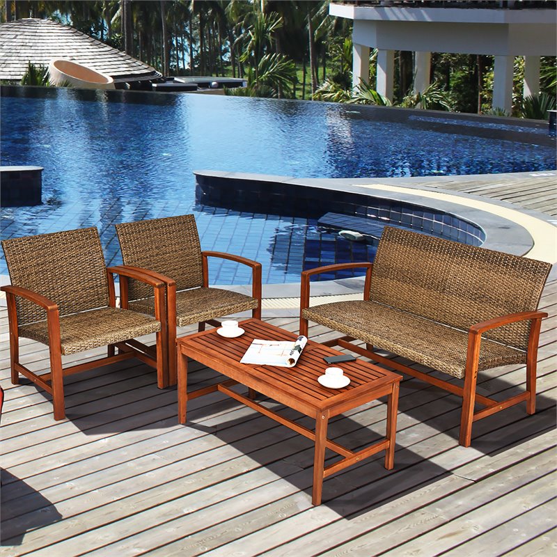 Costway 4-piece Rattan Patio Furniture Set with Wide Backrest in Coffee