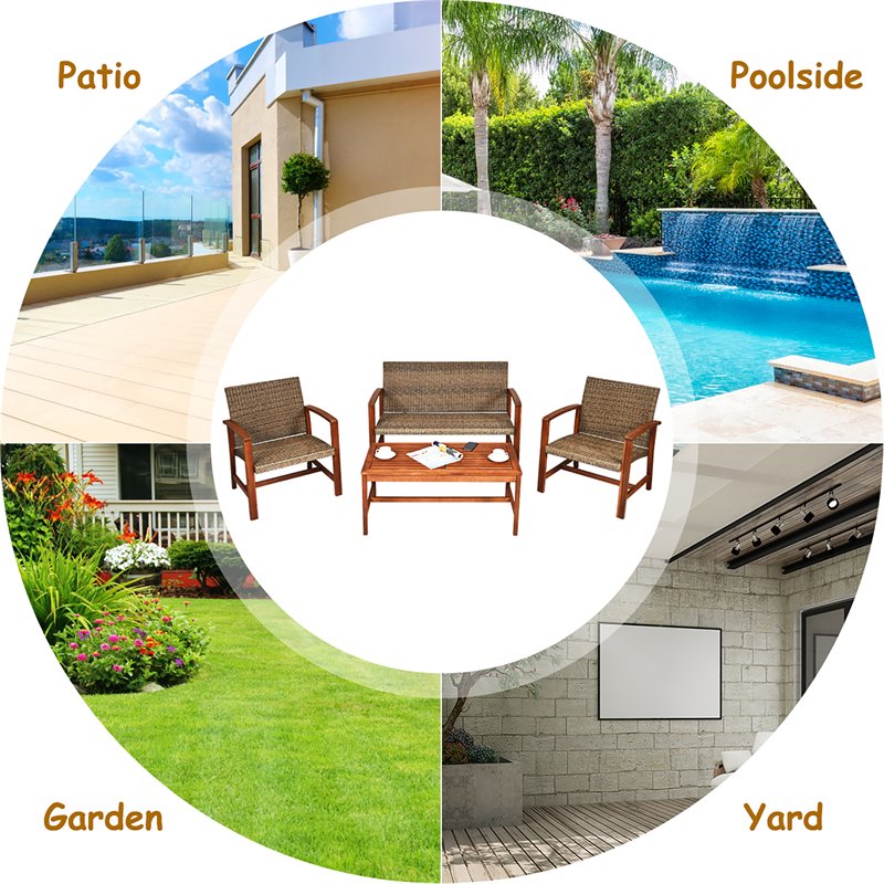 Costway 4-piece Rattan Patio Furniture Set with Wide Backrest in Coffee