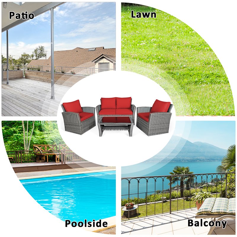 Costway 4-piece Rattan Patio Furniture Set with Storage Shelf in Red