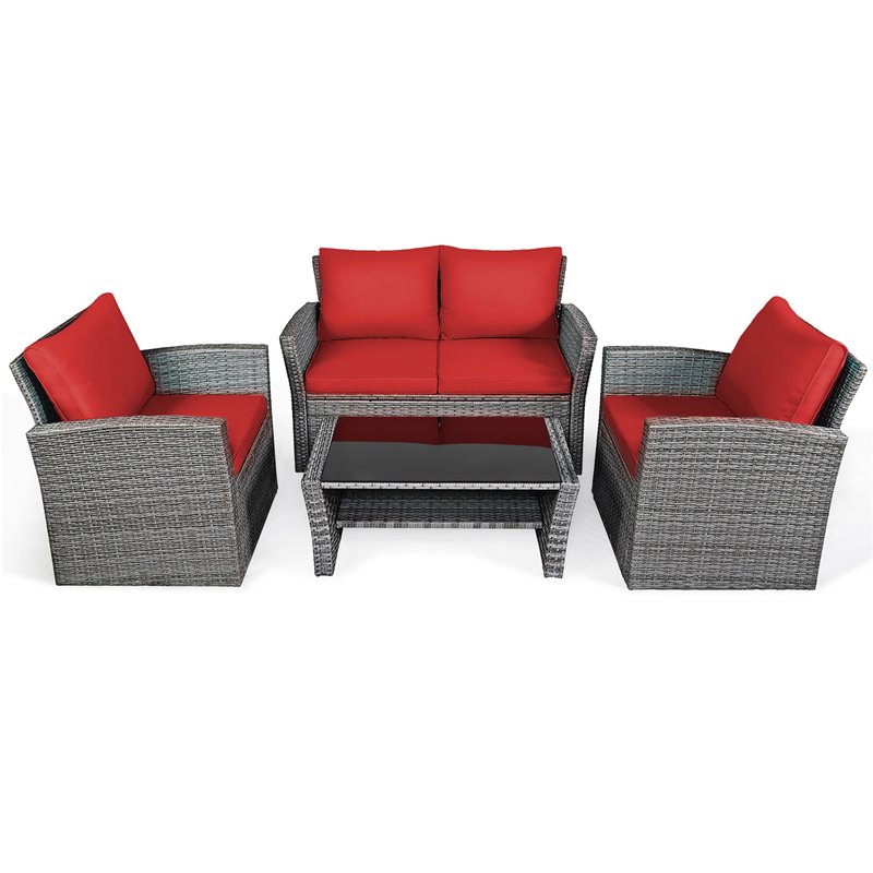 Costway 4-piece Rattan Patio Furniture Set with Storage Shelf in Red