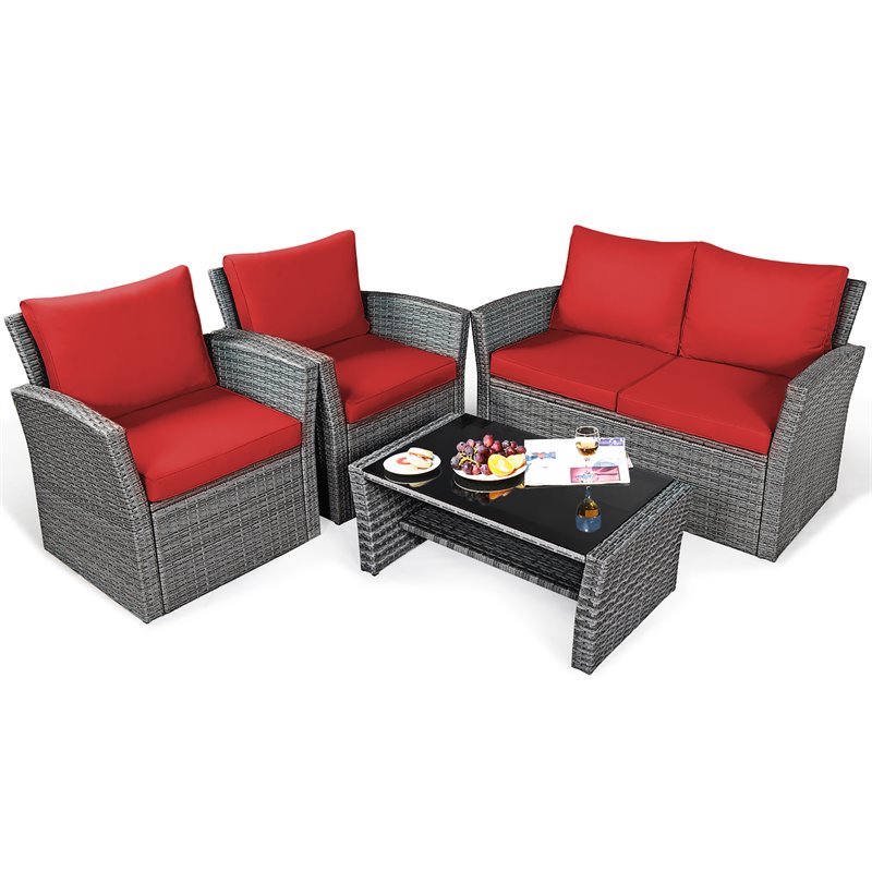 Costway 4-piece Rattan Patio Furniture Set with Storage Shelf in Red