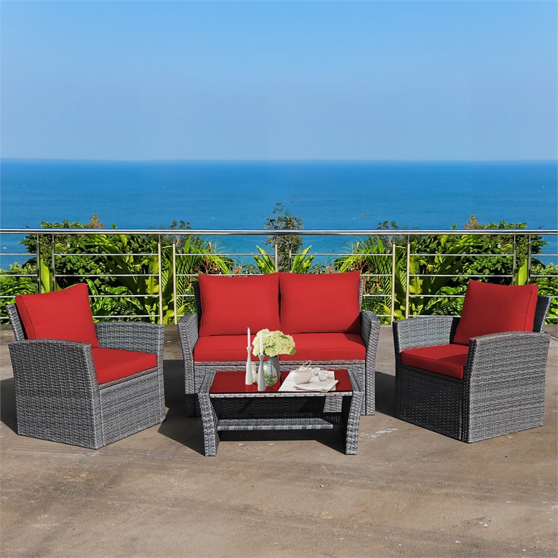 Costway 4-piece Rattan Patio Furniture Set with Storage Shelf in Red