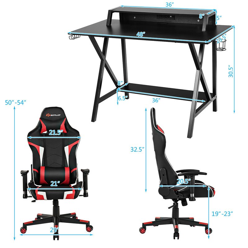 Costway Metal Gaming Computer Desk & Chair Set with Monitor Shelf in Red