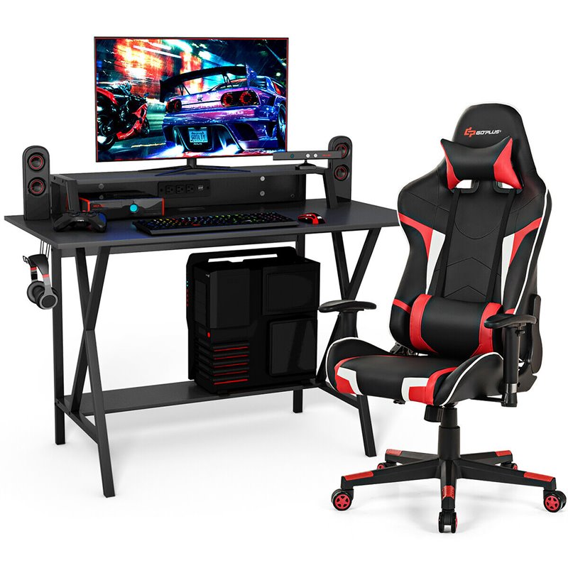 Costway Metal Gaming Computer Desk & Chair Set with Monitor Shelf in Red