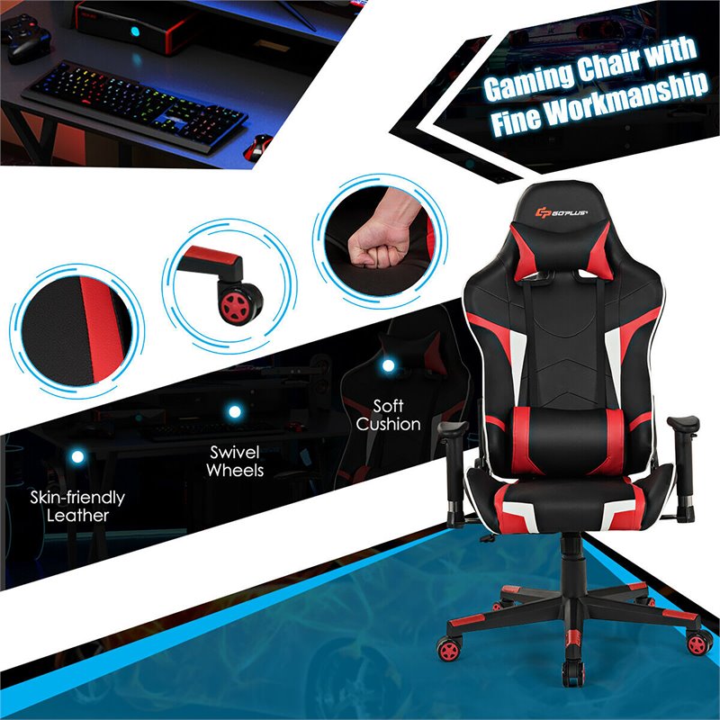 Costway Metal Gaming Computer Desk & Chair Set with Monitor Shelf in Red