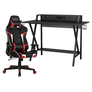 Costway Metal Gaming Computer Desk & Chair Set with Monitor Shelf in Red