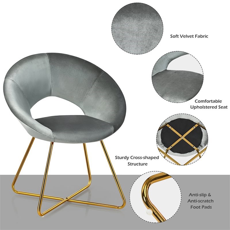 Costway Contemporary Velvet Accent Chair with Golden Metal Leg in Gray