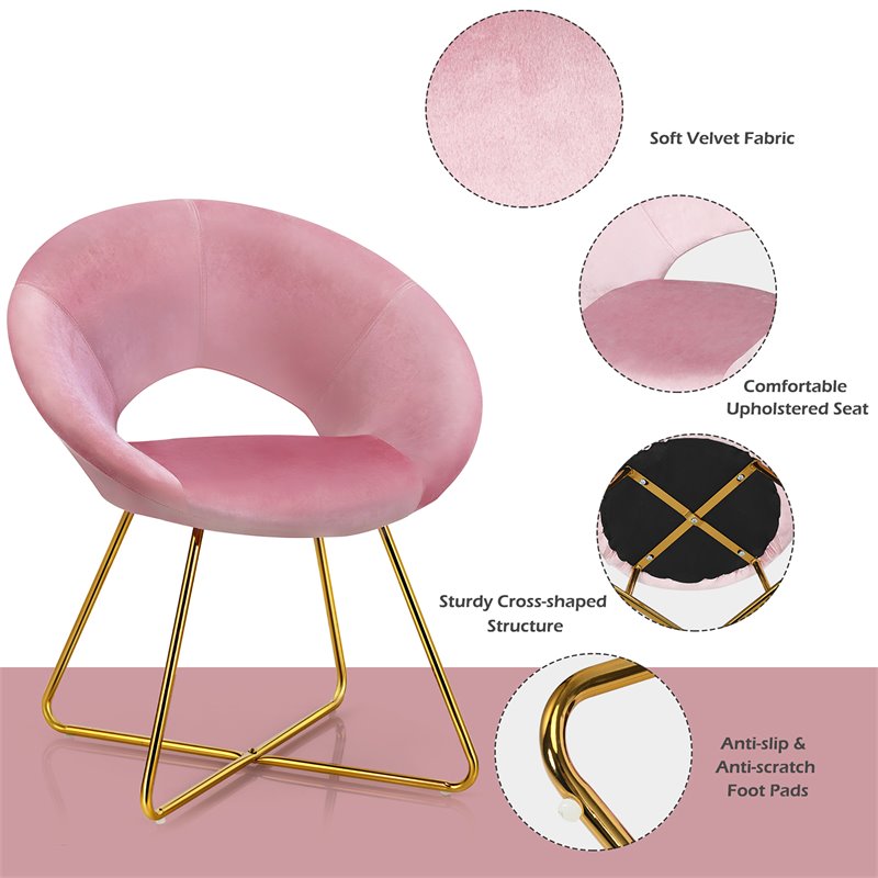 Costway Contemporary Velvet Accent Chair with Golden Metal Leg in Pink