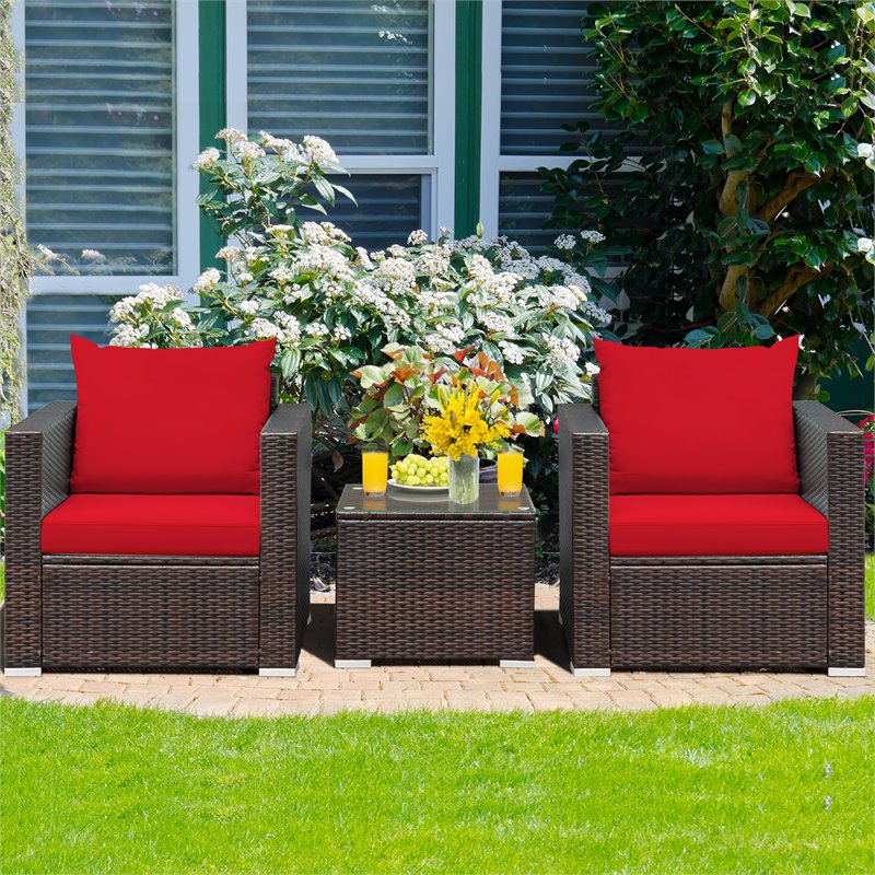 Costway 3-piece Contemporary Rattan Patio Furniture Set with Cushions in Red
