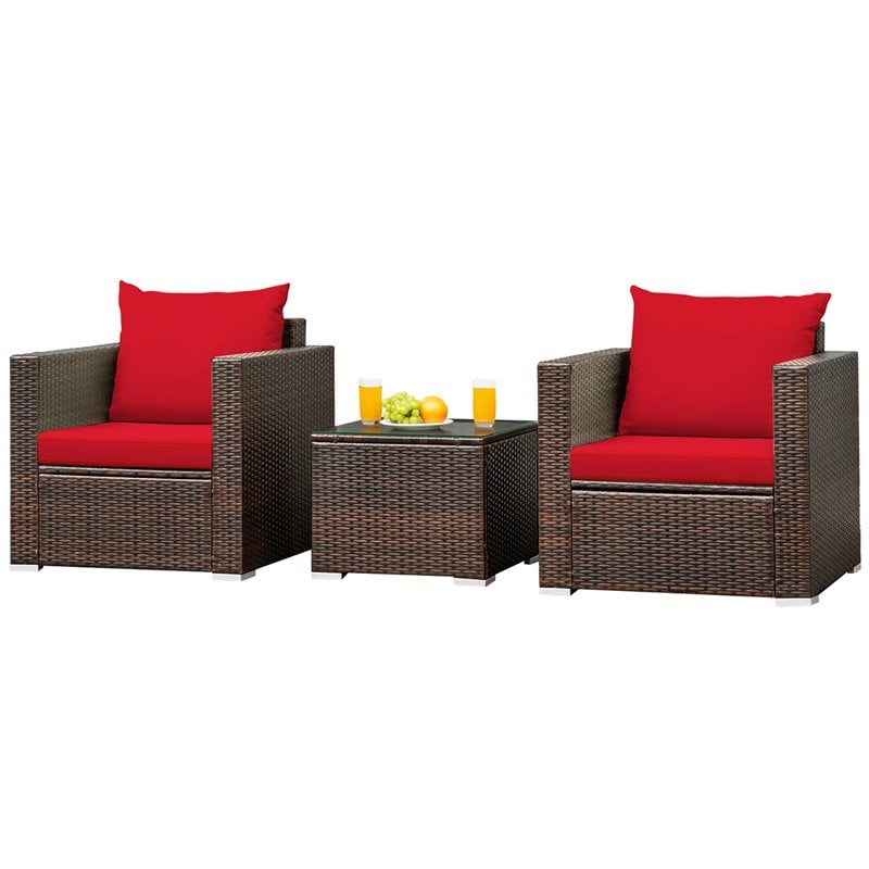 Costway 3-piece Contemporary Rattan Patio Furniture Set with Cushions in Red