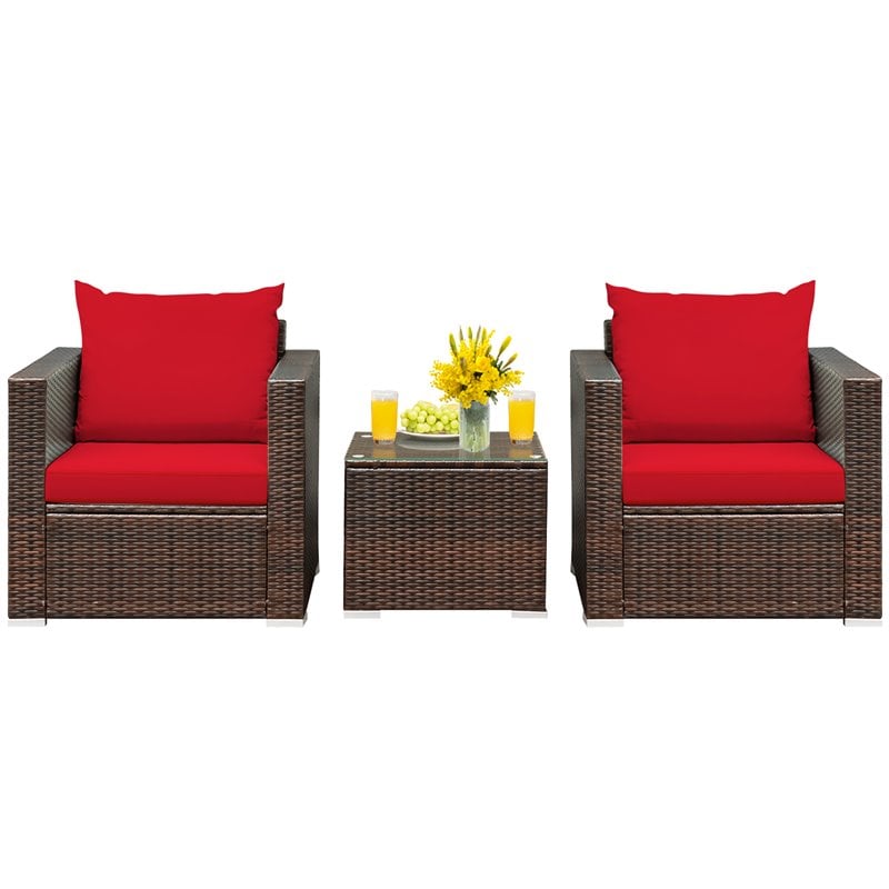 Costway 3-piece Contemporary Rattan Patio Furniture Set with Cushions in Red
