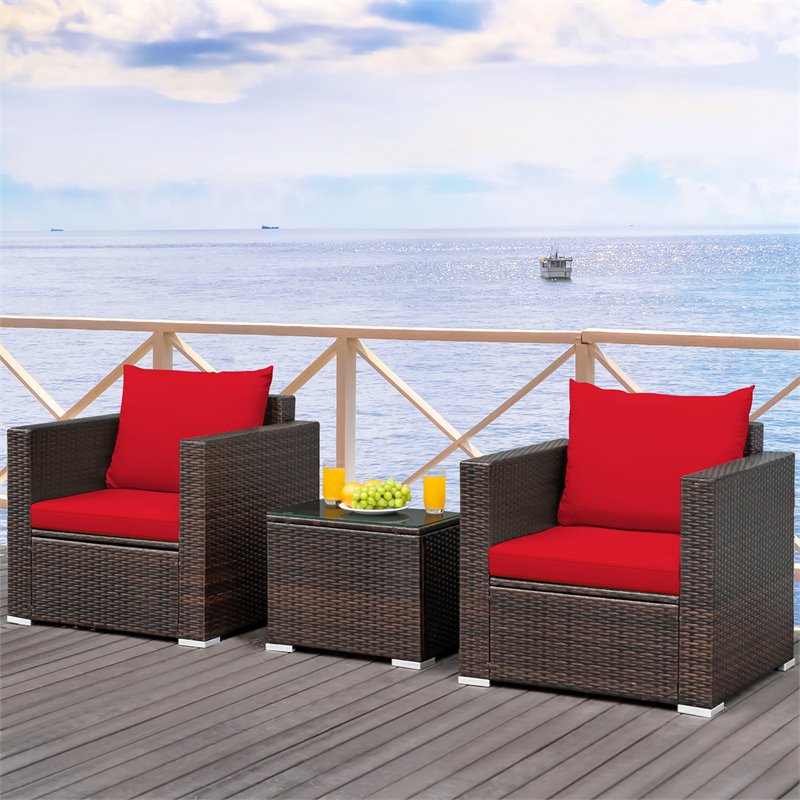 Costway 3-piece Contemporary Rattan Patio Furniture Set with Cushions in Red