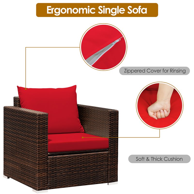 Costway 3-piece Contemporary Rattan Patio Furniture Set with Cushions in Red