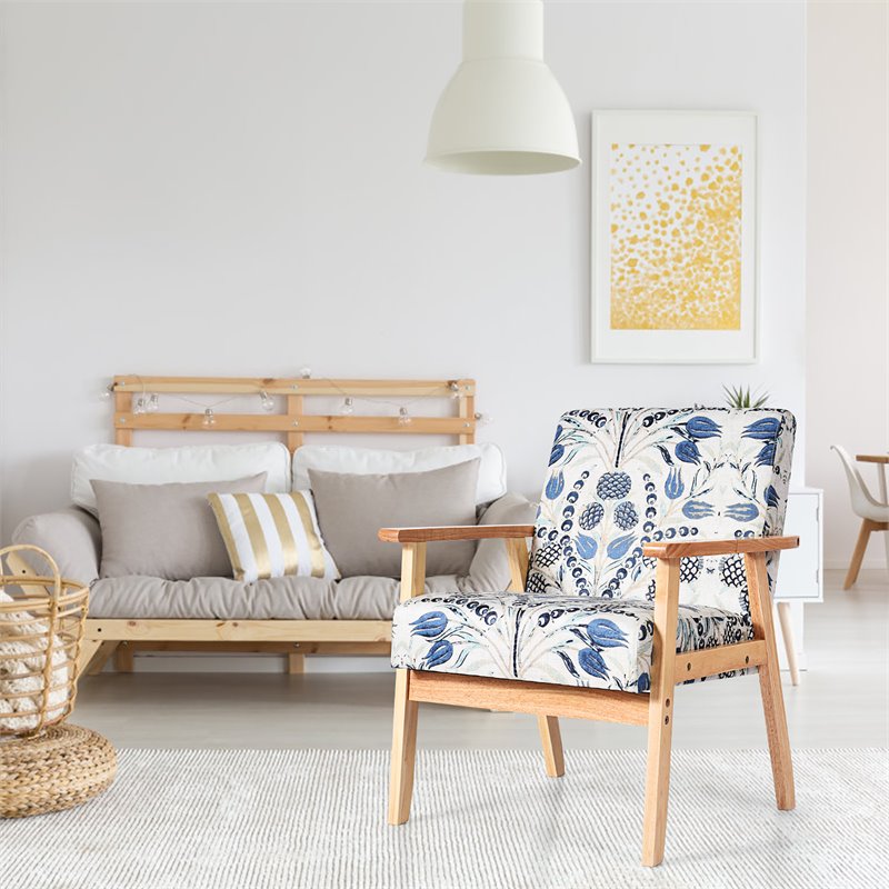 Costway Sponge & Fabric Accent Armchair with Rubber Wood Leg in Blue