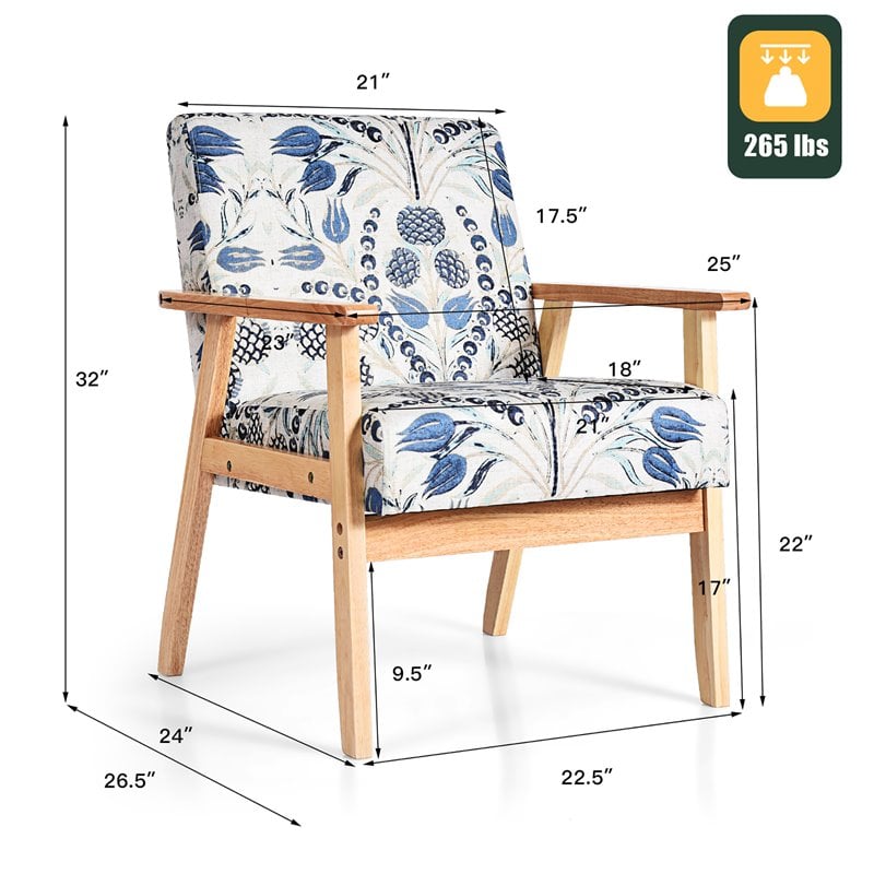 Costway Sponge & Fabric Accent Armchair with Rubber Wood Leg in Blue