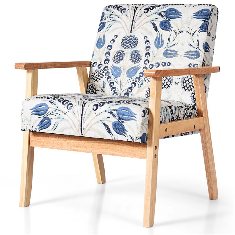 Costway Sponge & Fabric Accent Armchair with Rubber Wood Leg in Blue