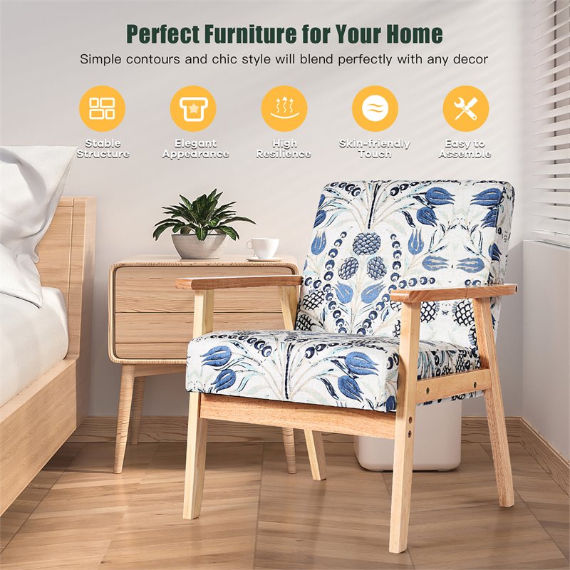 Costway Sponge & Fabric Accent Armchair with Rubber Wood Leg in Blue