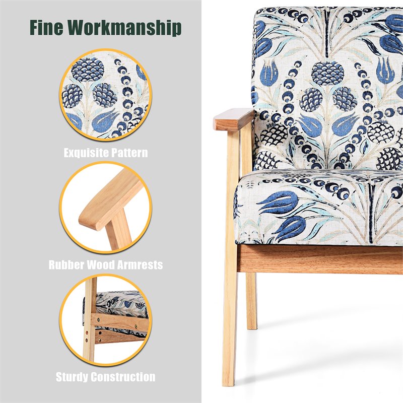 Costway Sponge & Fabric Accent Armchair with Rubber Wood Leg in Blue