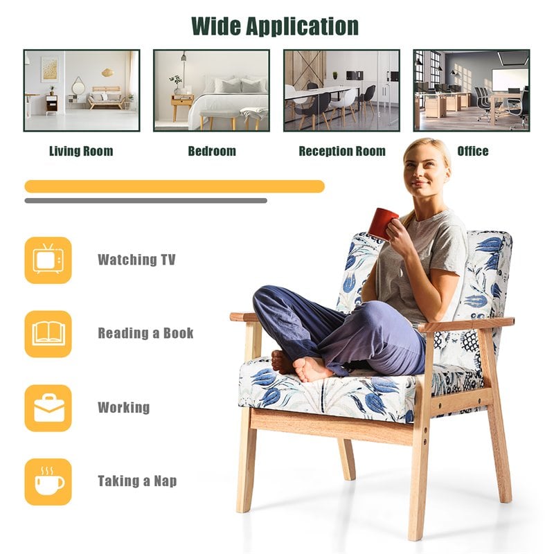 Costway Sponge & Fabric Accent Armchair with Rubber Wood Leg in Blue