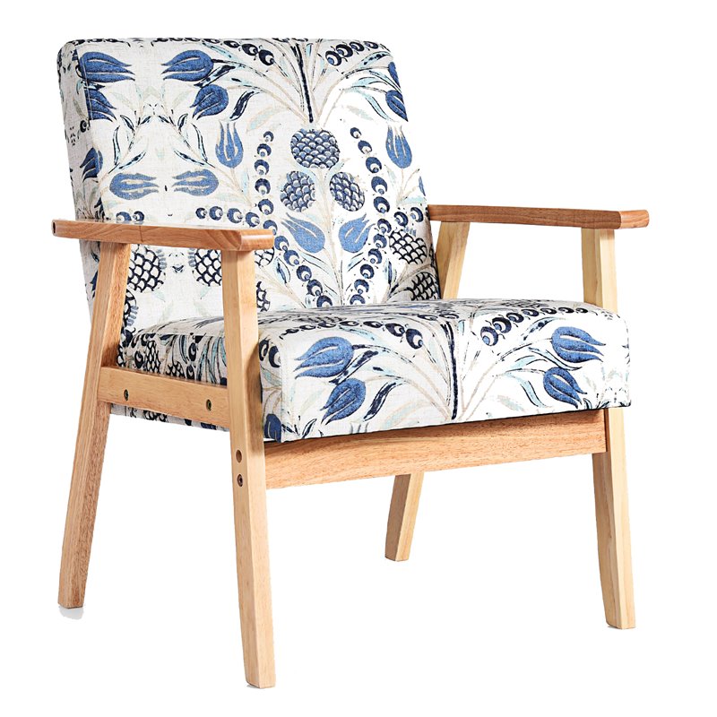 Costway Sponge & Fabric Accent Armchair with Rubber Wood Leg in Blue