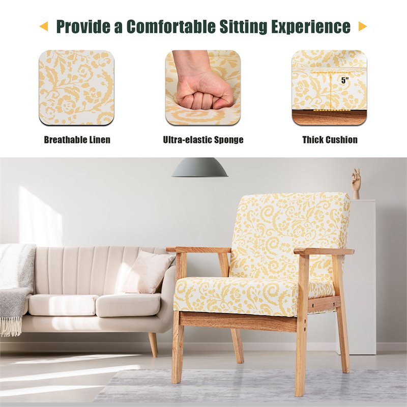 Costway Sponge & Fabric Accent Armchair with Rubber Wood Leg in Yellow