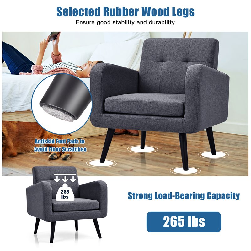 Costway Contemporary Fabric Arm Chair with Rubber Wood Legs in Gray