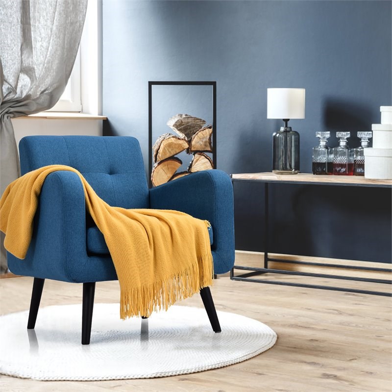 Costway Contemporary Fabric Arm Chair with Rubber Wood Legs in Blue