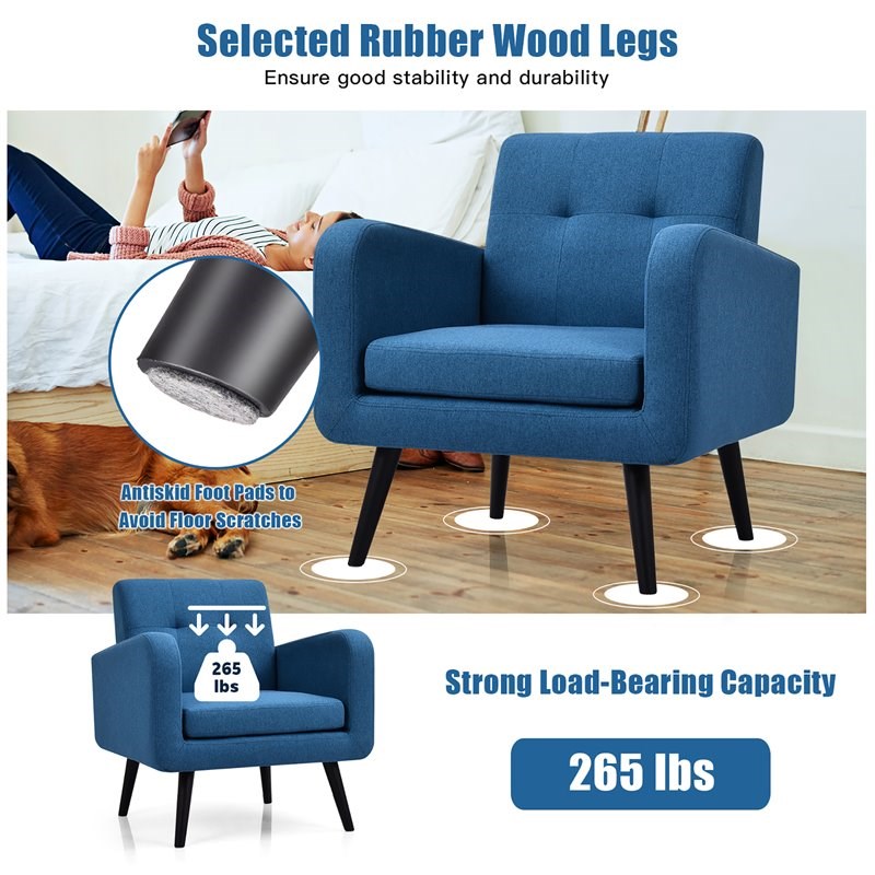 Costway Contemporary Fabric Arm Chair with Rubber Wood Legs in Blue