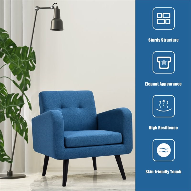 Costway Contemporary Fabric Arm Chair with Rubber Wood Legs in Blue