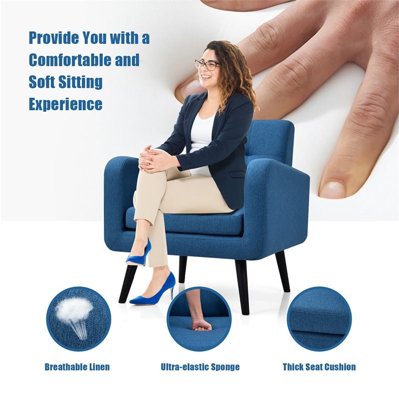 Costway Contemporary Fabric Arm Chair with Rubber Wood Legs in Blue