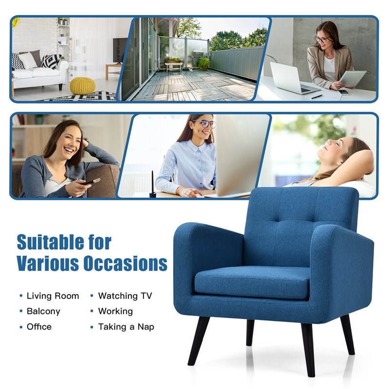 Costway Contemporary Fabric Arm Chair with Rubber Wood Legs in Blue