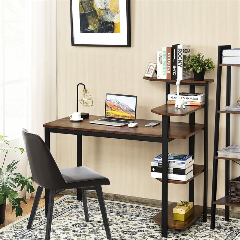 Costway Engineered Wood Computer Desk with Storage Shelves in Rustic Brown