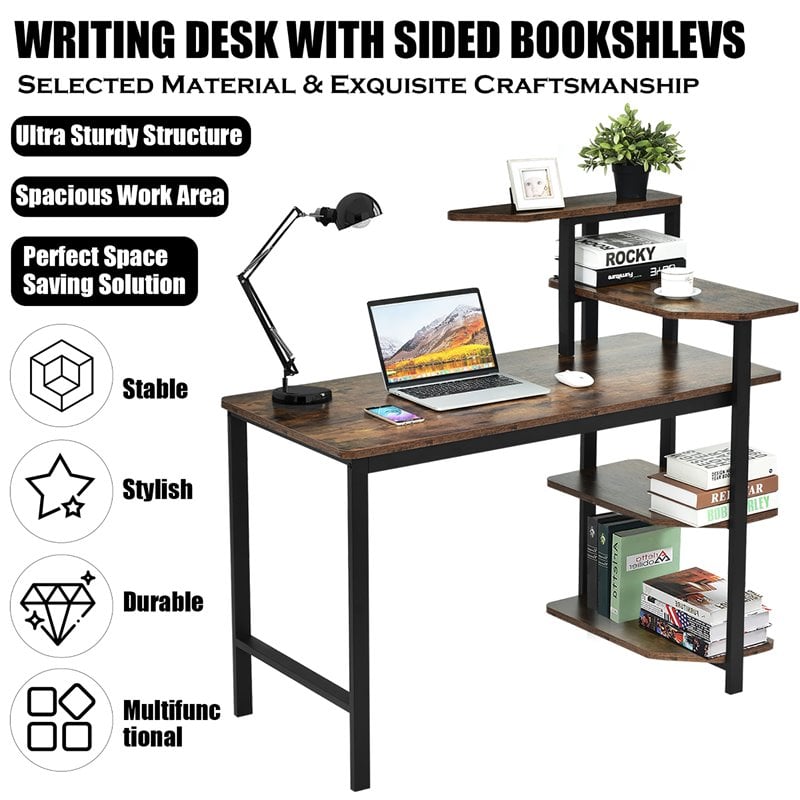 Costway Engineered Wood Computer Desk with Storage Shelves in Rustic Brown