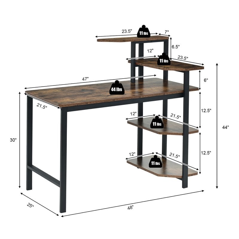 Costway Engineered Wood Computer Desk with Storage Shelves in Rustic Brown