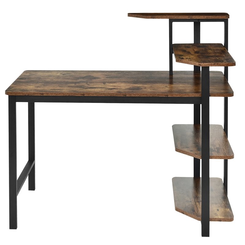 Costway Engineered Wood Computer Desk with Storage Shelves in Rustic Brown