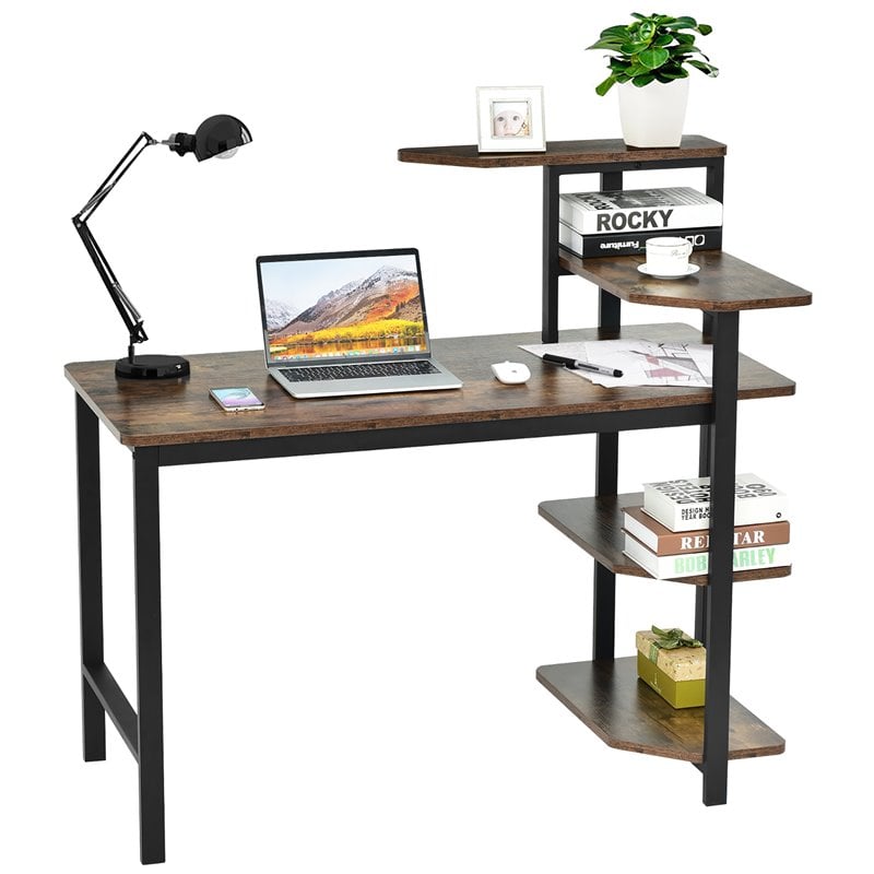 Costway Engineered Wood Computer Desk with Storage Shelves in Rustic Brown