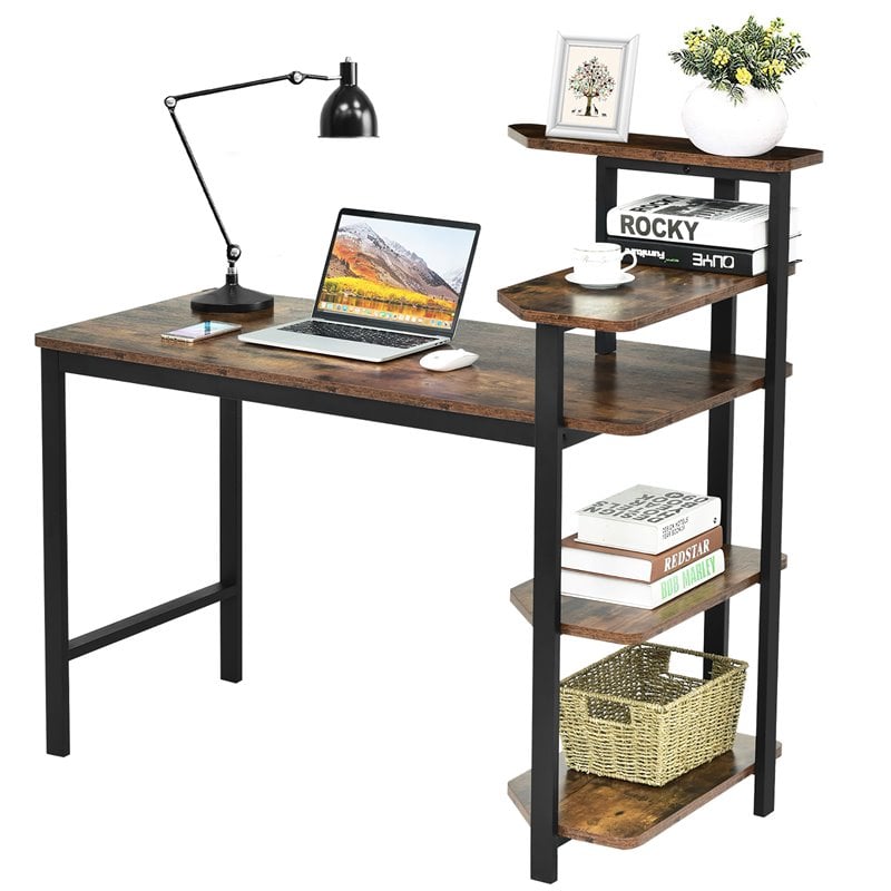 Costway Engineered Wood Computer Desk with Storage Shelves in Rustic Brown