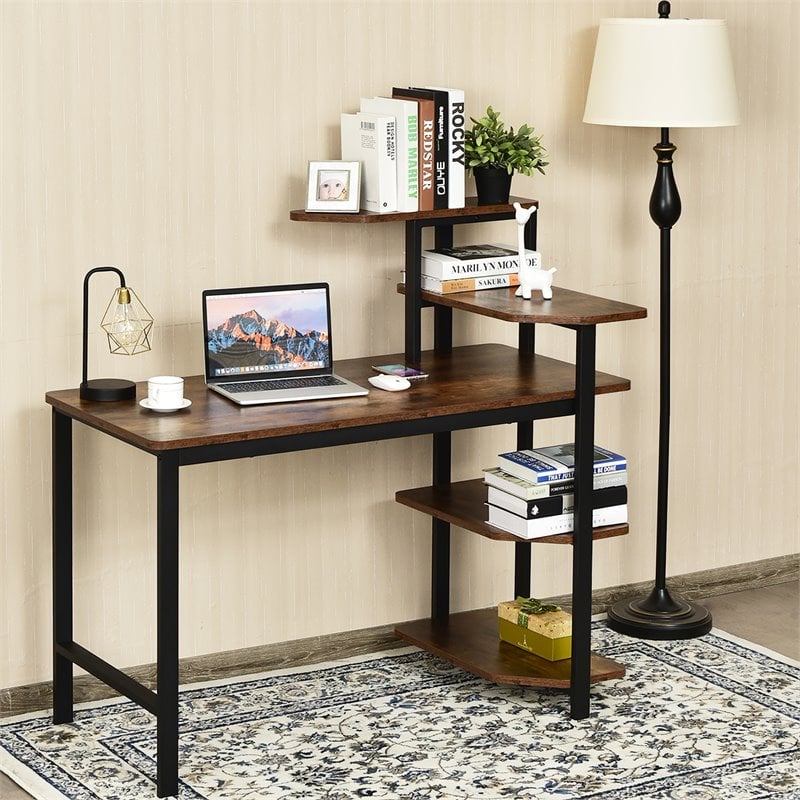Costway Engineered Wood Computer Desk with Storage Shelves in Rustic Brown