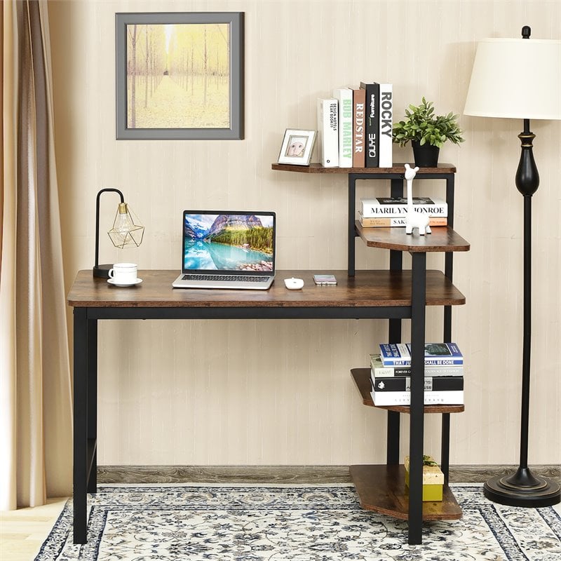 Costway Engineered Wood Computer Desk with Storage Shelves in Rustic Brown