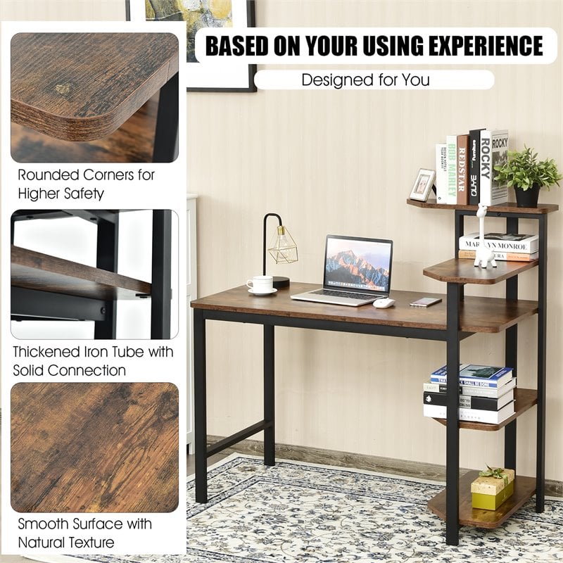 Costway Engineered Wood Computer Desk with Storage Shelves in Rustic Brown