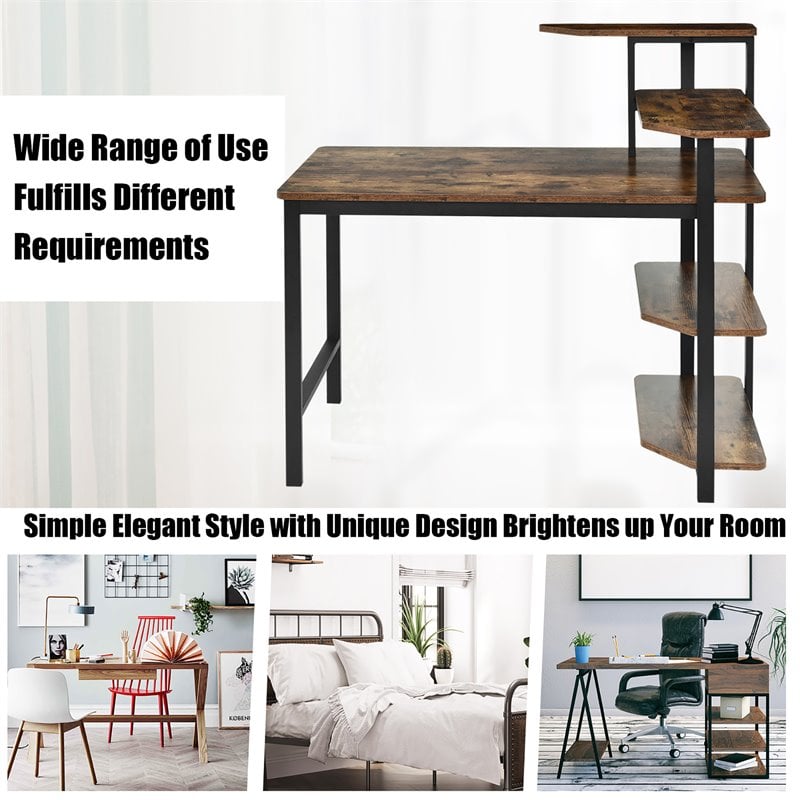 Costway Engineered Wood Computer Desk with Storage Shelves in Rustic Brown