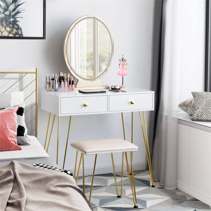 Costway Vanity Makeup Dressing Table with Mirror Touch Switch in White