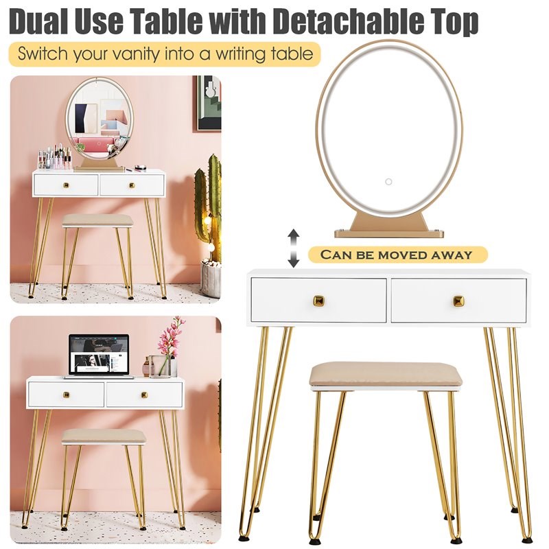 Costway Vanity Makeup Dressing Table with Mirror Touch Switch in White