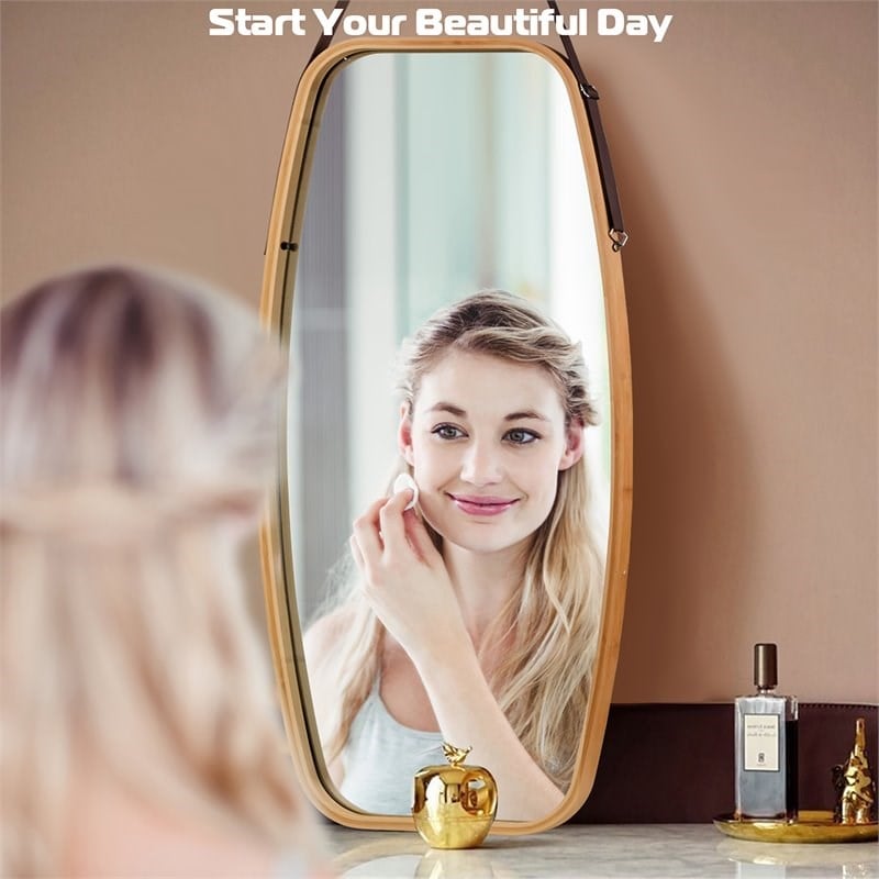 Costway 39'' Rectangle Wall Hanging Framed Modern Bathroom Mirror in Natural