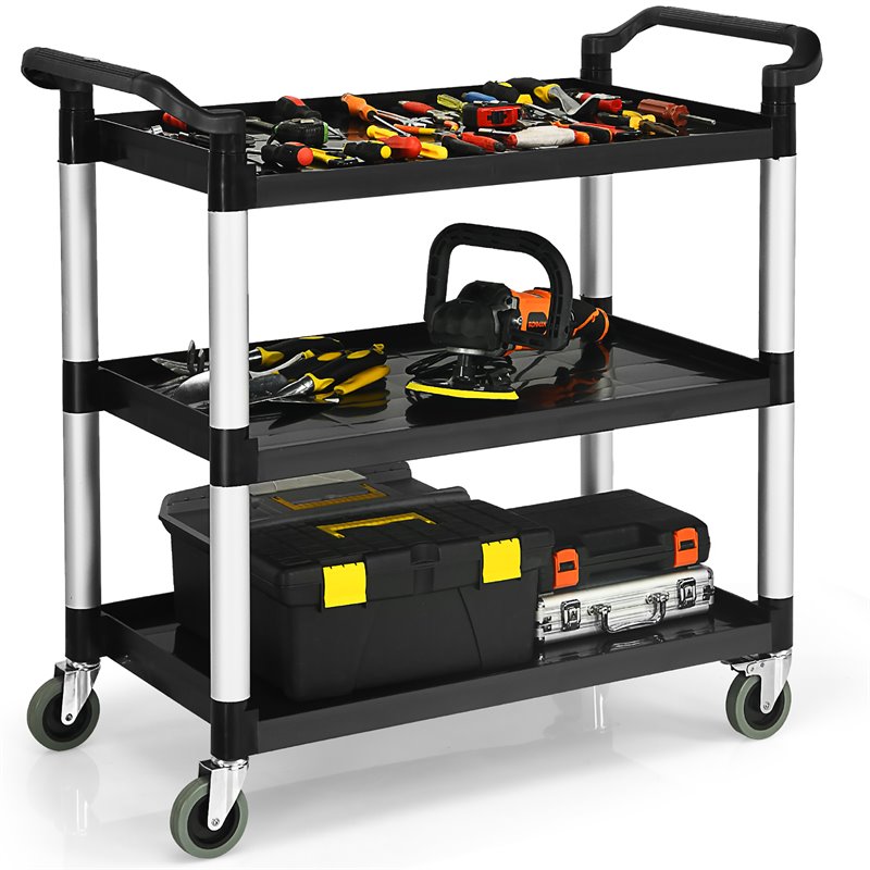 Costway 3-Shelf Contemporary Aluminum Utility Service Cart with Casters in Black