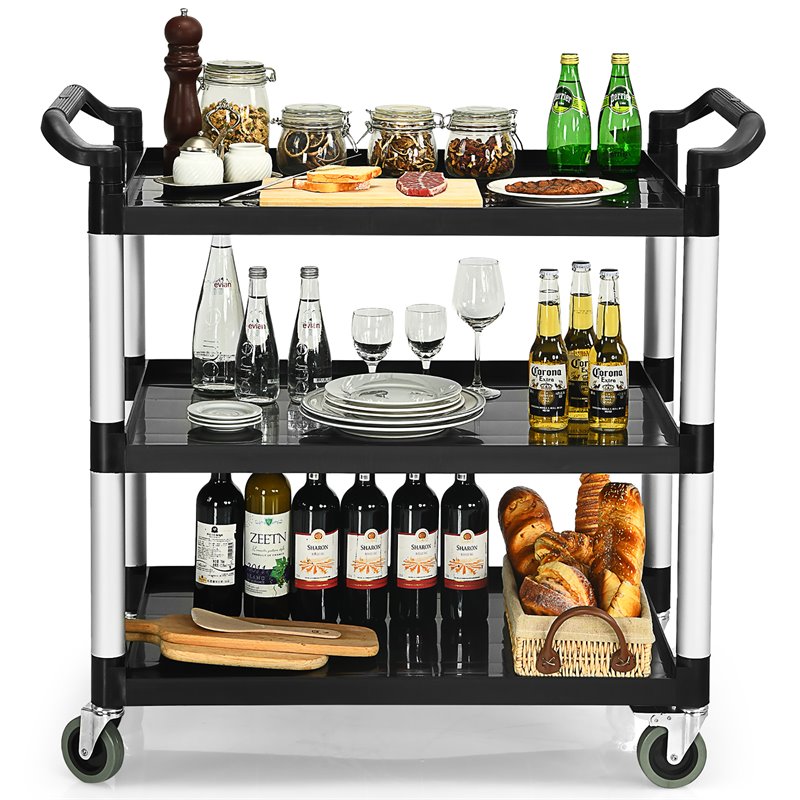 Costway 3-Shelf Contemporary Aluminum Utility Service Cart with Casters in Black