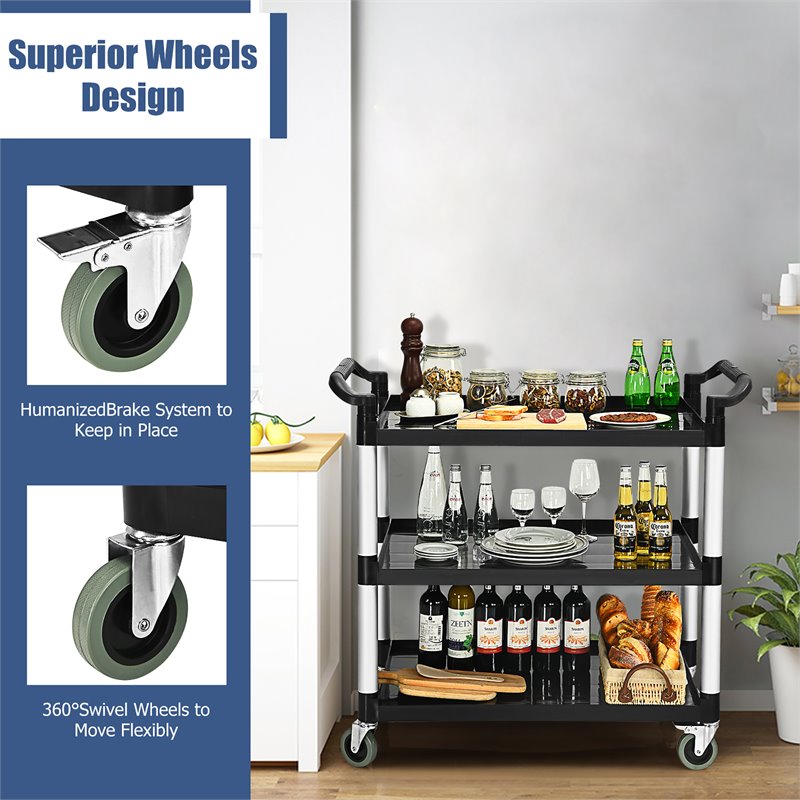 Costway 3-Shelf Contemporary Aluminum Utility Service Cart with Casters in Black
